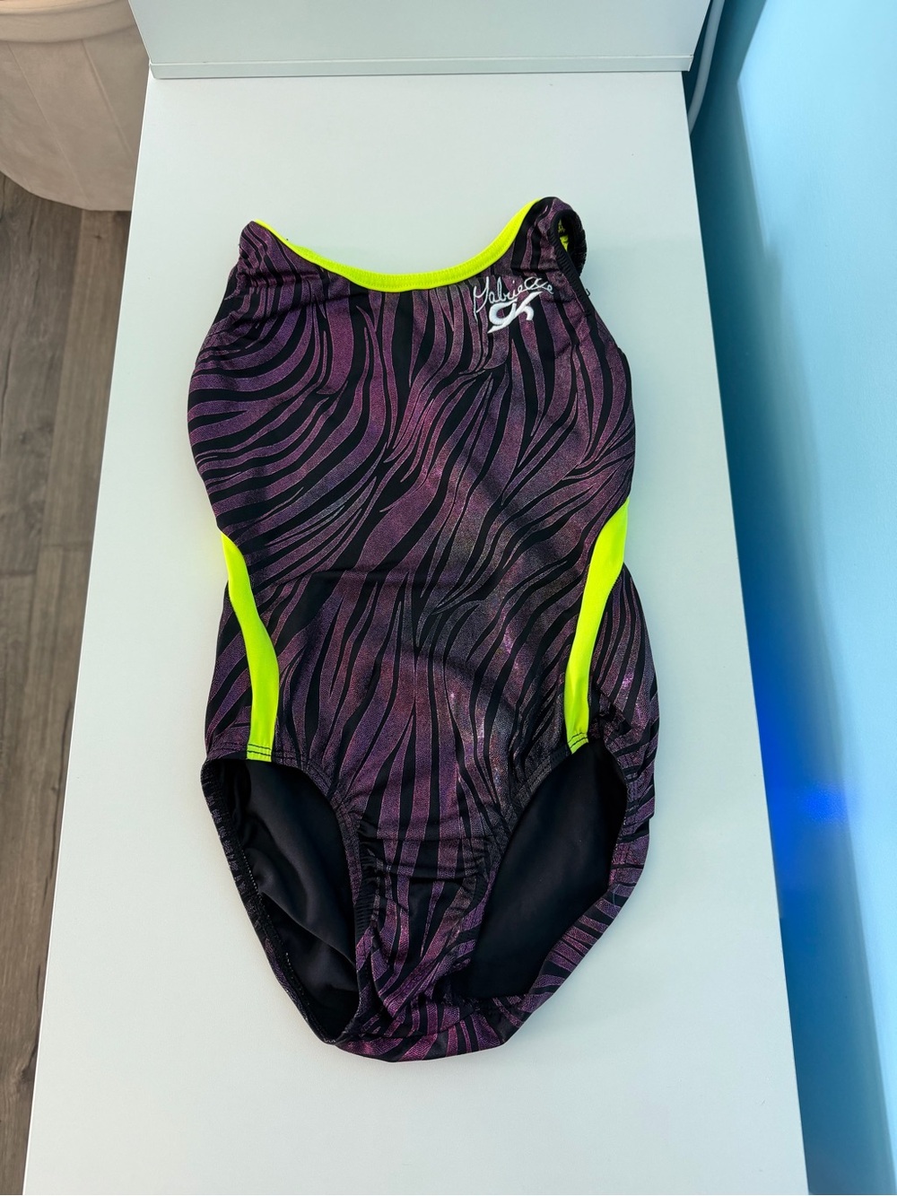 GK Purple Zebra-Print Gymnastics Leotard with Neon Yellow Trim